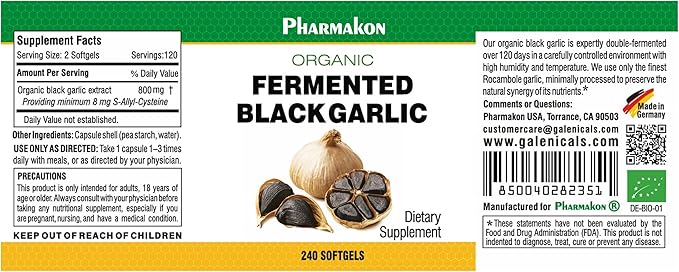 PHARMAKON Organic Aged Black Garlic Potent Soft Capsules Wholesome Reduced Odor (240 Count)