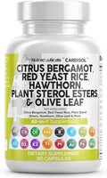 Clean Nutraceuticals Citrus Bergamot Red Yeast Rice Capsules with Plant Sterols - with Hawthorn Extract Olive Leaf Niacin Vitamin K3 D3 COQ10 Guggul &amp More
