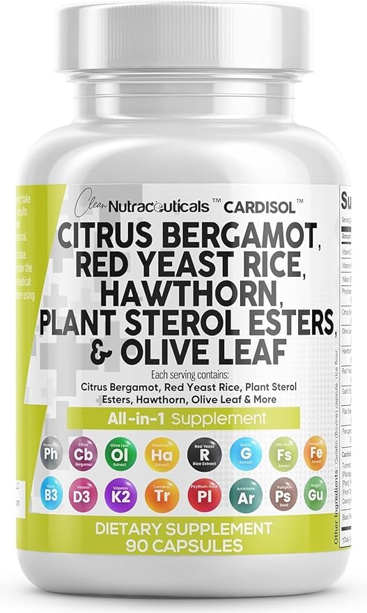 Clean Nutraceuticals Citrus Bergamot Red Yeast Rice Capsules with Plant Sterols - with Hawthorn Extract Olive Leaf Niacin Vitamin K3 D3 COQ10 Guggul &amp More