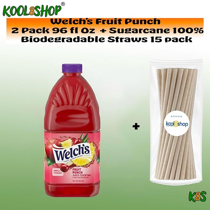 Welch's Juice Drink 96 fl oz Plastic Bottle 2 Pack + 15 Sugarcane Disposable Straws by Kool8shop Infinite Deals (2 Pack Fruit Punch)