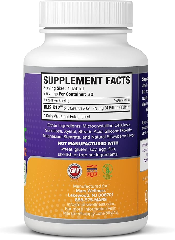 Oral Probiotic Supplement with BLIS K12 4 Billion CFU - Now Dairy Free - Doctor Formulated 30 Day Supply Bottle for Bad Breath Strep Cavities Gum and Oral and Dental Health - Sugar Free - USA Made