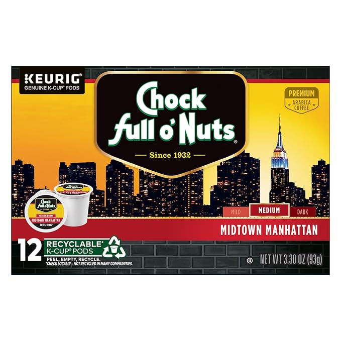 Chock Full o'Nuts Midtown Manhattan Coffee Compatible with K-Cup Pods 12 CT (Pack of 3)
