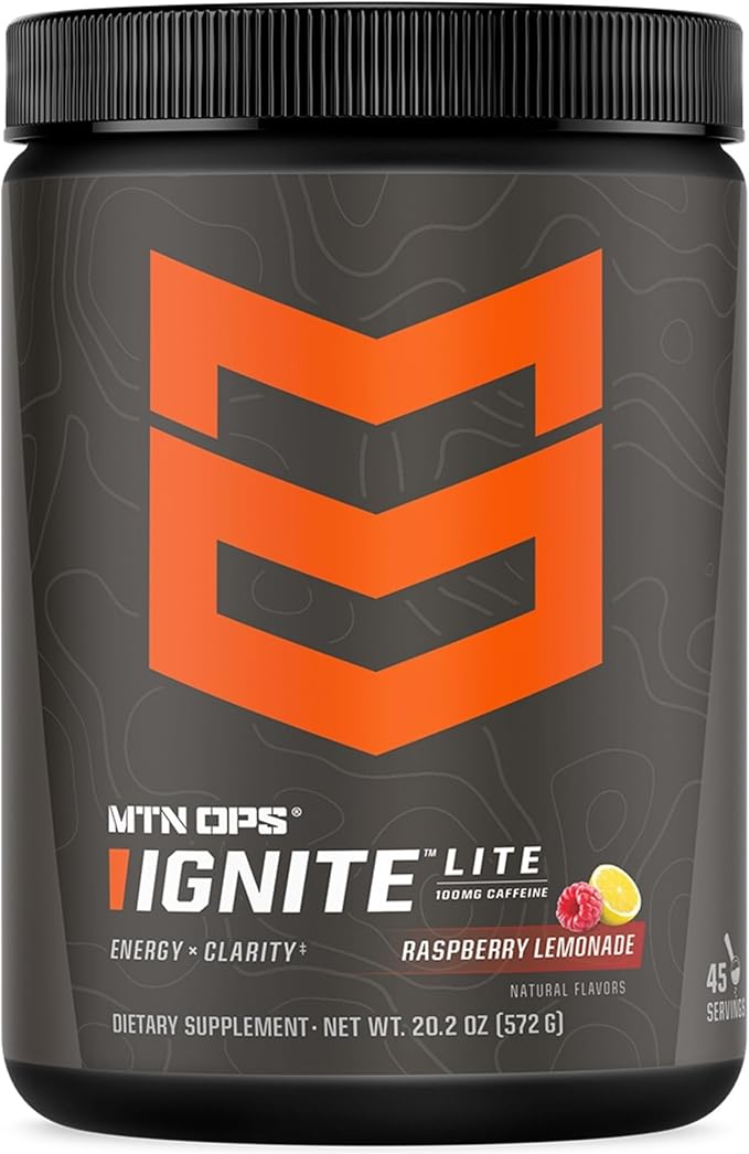 MTN OPS Ignite Lite Energy Drink Powder Gluten Free Nitric Oxide Supplement Drink Mix L Arginine L Citrulline Caffeine &amp Nootropic Sugar Free Drink Mix 45 Servings Raspberry Lemonade