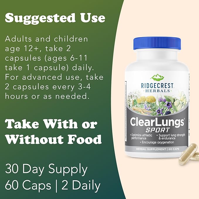 Ridgecrest Herbals ClearLungs Sport Oxygen Intake and Lung Support Formula with Cordyceps Rhodiola Eleuthero (60 Vegan Caps 30 Serv)