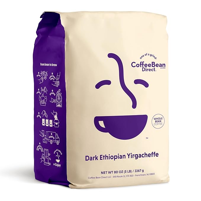 Coffee Bean Direct Dark Ethiopian Yirgacheffe Whole Bean Coffee Arabica Coffee Dark Roast 5 Pound Bag (Pack of 1)