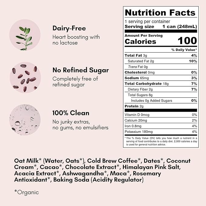 Pop &amp Bottle Oat Milk Lattes - Cold Brew With Adaptogens Maca Ashwagandha Mct Oil Oat Milk Organic Dairy Free Gluten Free Great As Iced Coffee Lightly Sweetened With Dates - Mocha 8 Fl