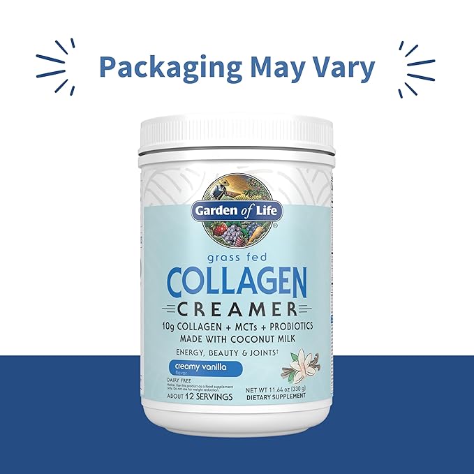 Garden of Life Grass Fed Collagen Creamer Powder - Creamy Vanilla 12 Servings Powder for Coffee Energy Beauty Joints Collagen Peptides with Coconut MCTs Keto Protein Supplements