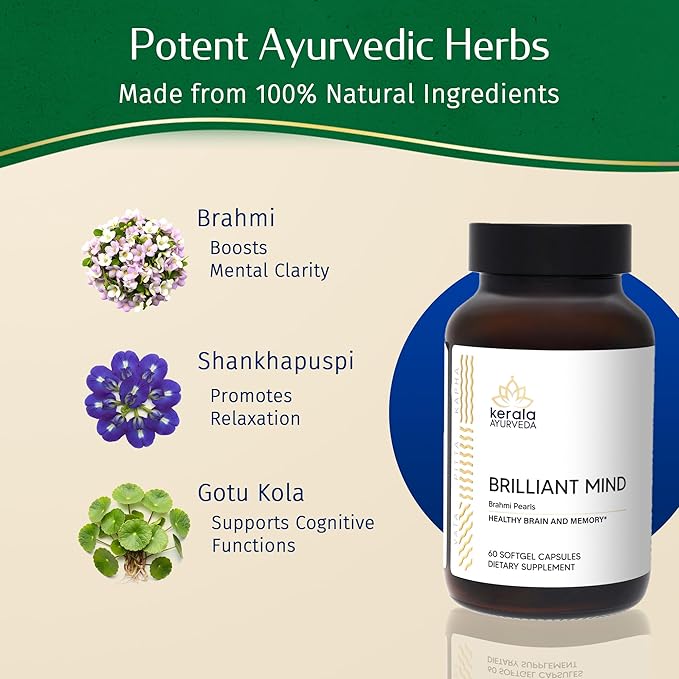Kerala Ayurveda Brahmi (Bacopa Monnieri) Pearls - 60 Capsules | Ayurvedic Brain Health Memory &amp Focus Herbal Supplement for Adults | Natural Focus &amp Stress Relief Brain Booster | Prop 65 Comp
