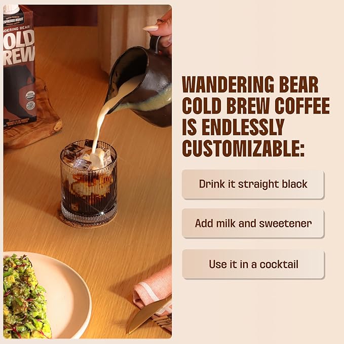 Wandering Bear Decaf Cold Brew Coffee - Bold Smooth No Sugar Added Shelf-Stable Ready to Drink Gluten Free &amp Vegan Decaf Iced Cold Brewed Coffee Drink - 32 fl oz 6 pack