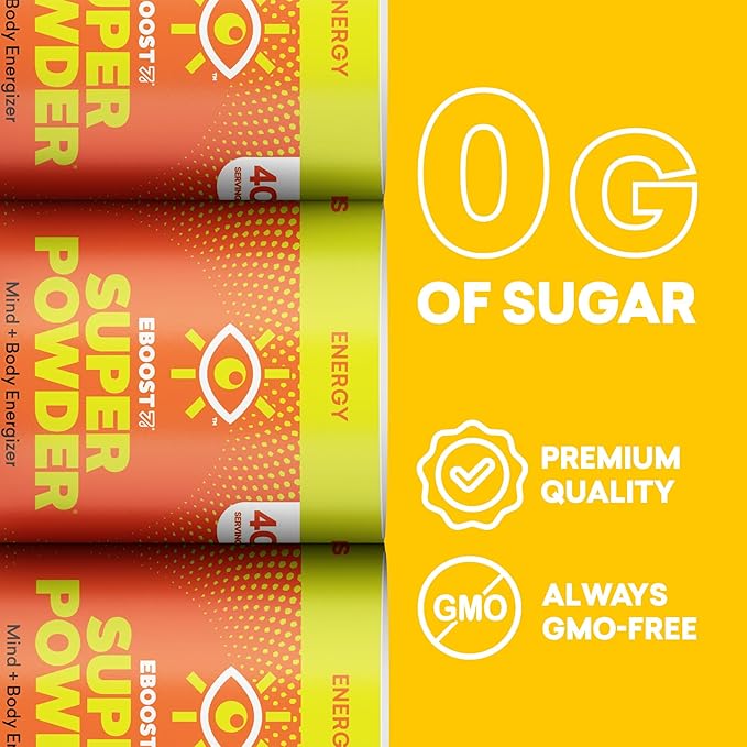 EBOOST Energy Drink &amp Electrolyte Powder Drink Mix - Super Powder Orange with No Added Sugar Blend of Vitamins Nootropics Natural Caffeine &amp Hydration - Pre &amp Post Workout - 40 Serving