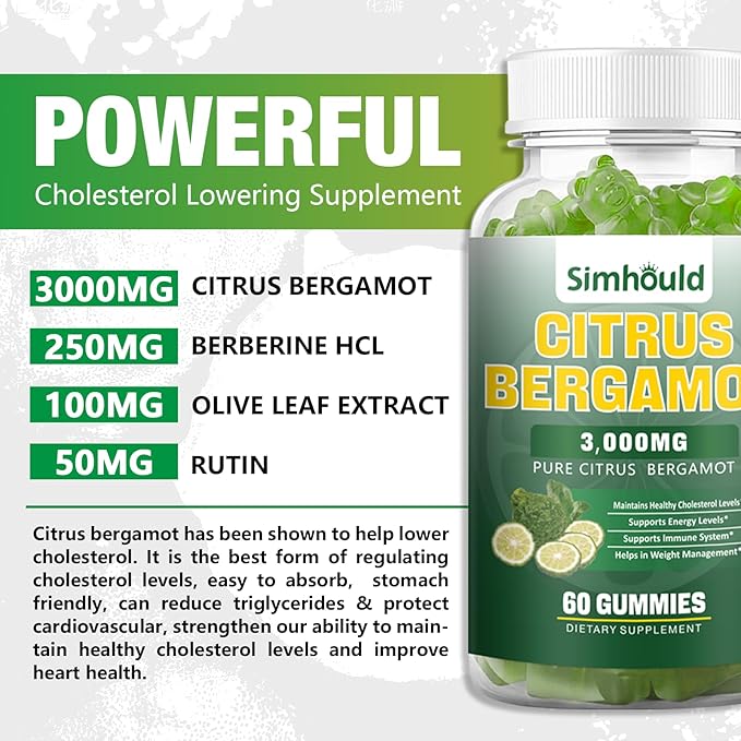 2 Pack Citrus Bergamot Gummies -3000MG Citrus Bergamot Extract Cholesterol Lowering Supplement for lmmune Support Healthy Anti-Aging Hight Cholesterol Vegan Gummy 120 Counts Lime Flavor