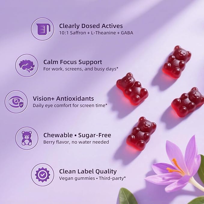 Lukaree 10-in-1 Saffron Gummies Supplements for Mood Focus &amp Eye Support with L-Theanine 200mg GABA Ashwagandha Lutein Zeaxanthin &amp Astaxanthin Sugar Free Vegan Berry Flavor 2 Pack 12