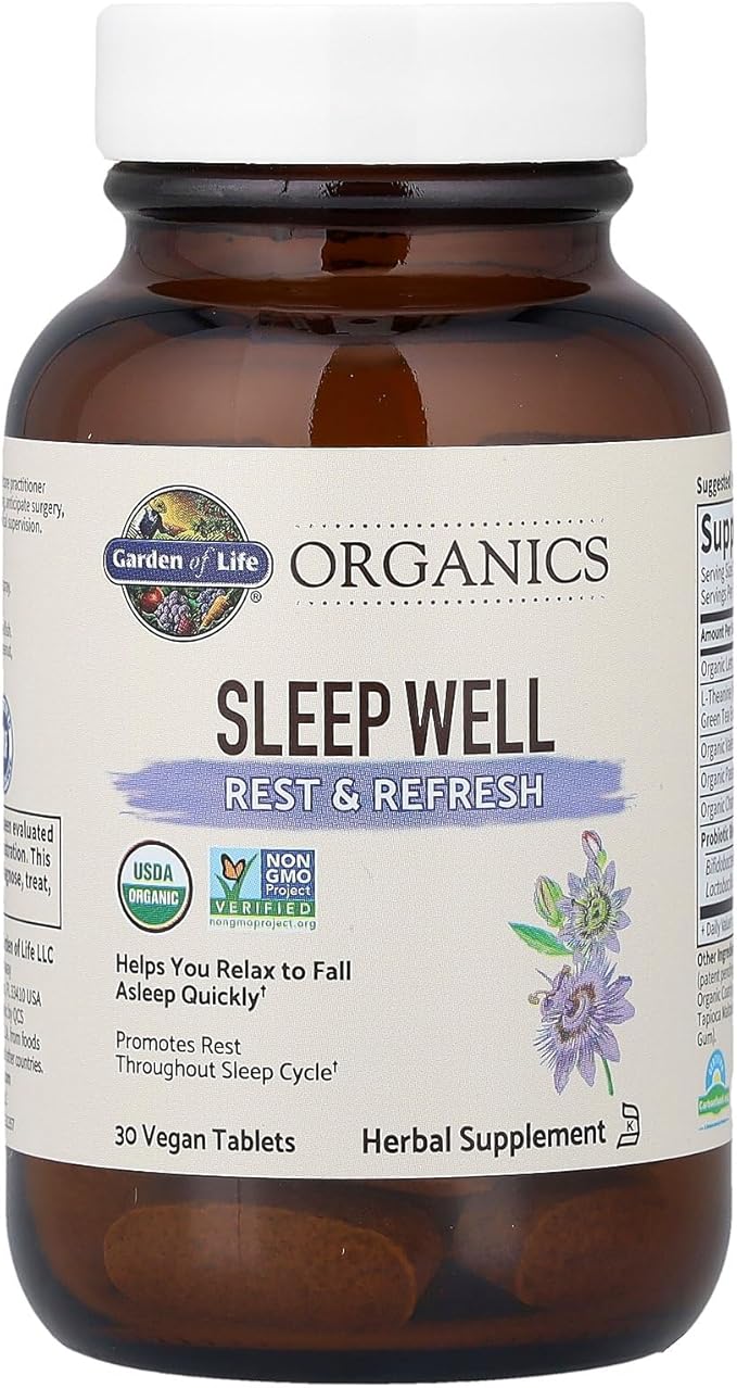 Garden of Life Organics Sleep Well Rest &amp Refresh 30 Tablets Lemon Balm Green Tea Extract L-Theanine Valerian Root Chamomile Probiotics-Organic Non-GMO Vegan Gluten Free Herbal Supplement