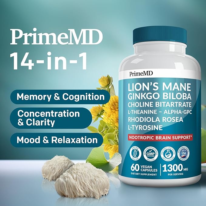 14-in-1 Lions Mane Supplement Capsules - Nootropic Brain Supplement with Ginkgo Biloba for Brain Support Memory and Focus - Alpha GPC L Theanine &amp Choline Supplements with 1300mg Per Serving (60