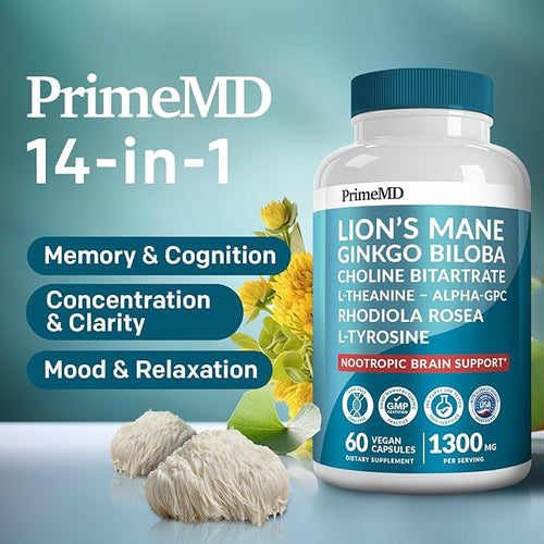 14-in-1 Lions Mane Supplement Capsules - Nootropic Brain Supplement with Ginkgo Biloba for Brain Support Memory and Focus - Alpha GPC L Theanine &amp Choline Supplements with 1300mg Per Serving (60