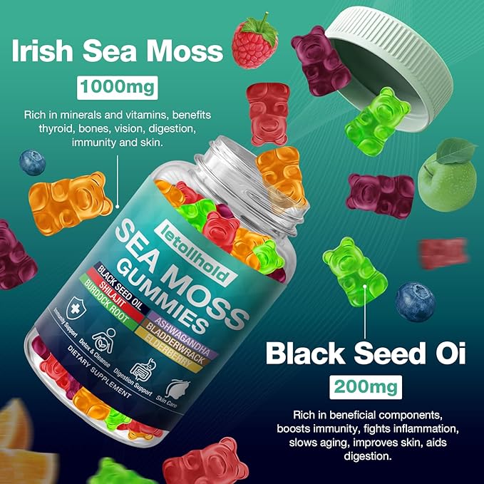 Sea Moss Gummies - Irish Sea Moss Gummies Advanced for Adults with Ashwagandha Bladderwrack &amp Burdock Root for Supports ImmuneEnergy - 60 Vegan Gummy2PCS