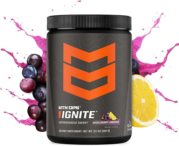 MTN OPS Ignite Energy Drink Powder Gluten Free Nootropic Supplement Drink Mix L Arginine L Citrulline Caffeine &amp Nootropic Sugar Free Drink Mix 45 Servings Huckleberry Lemonade