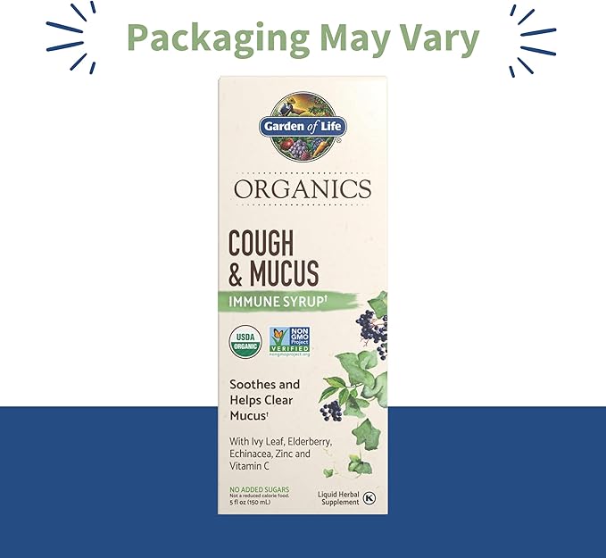 Garden of Life Organics Elderberry Zinc Immune Support for Adults and Kids 12 and Older Organic Cough &amp Mucus Immune Syrup with Ivy Leaf Vitamin C and Echinacea No Added Sugars 5 Fl oz