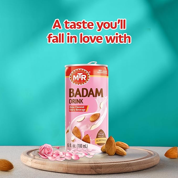 MTR Badam Drink - Rose Flavored Ready-to-Drink - Authentic Indian Almond Milk Beverage Real Bits of Almond No Added Preservatives Gluten-Free Refreshing Drink Perfect for Anytime Refreshment Pa