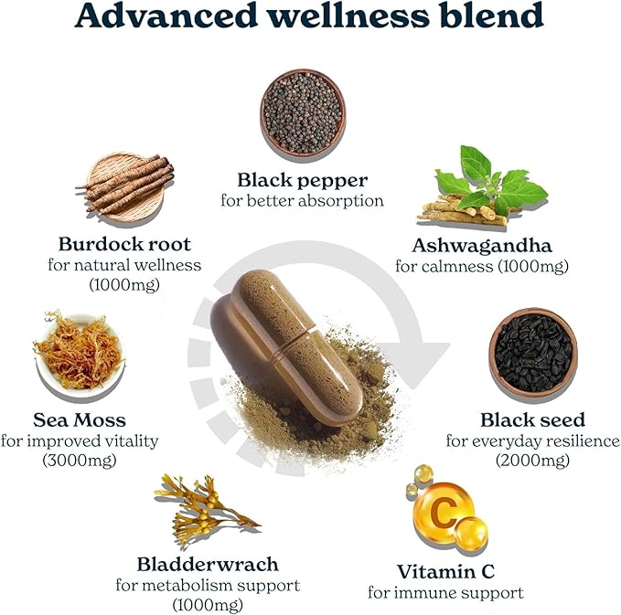 3000mg Iris Sea Moss 2000mg Black Seed Oil 1000mg Ashwagandha 1000mg Burdrock Root 1000 mg Bladderwrack with Black Pepper &amp Vitamin C |Vitality &amp Energy Support | All-in-one supplement| Pa