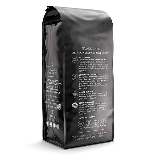Devil Mountain Coffee Black Label Dark Roast Ground Coffee Strong High Caffeine Coffee Grounds USDA Organic Fair Trade Gourmet Artisan Roasted Strongest Coffee in the World 16 oz Bag