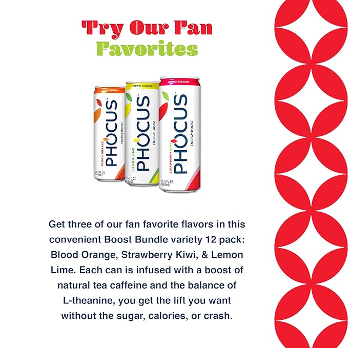 PHOCUS Energy Drink Variety Pack: Blood Orange Strawberry Kiwi &amp Lemon Lime 75mg Natural Caffeine Plus L-Theanine Zero Sugar Zero Calories No Artificial Sweeteners 11.5 fl oz Cans (Pack of