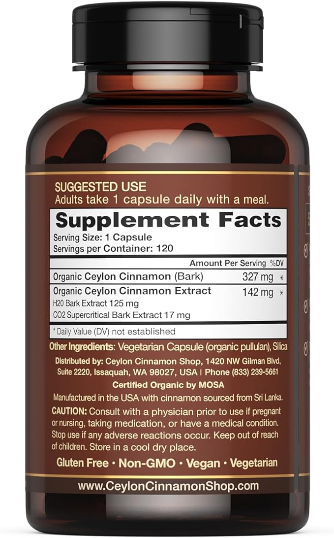 Ceylon Cinnamon Shop CinnaGuard™ Organic Ceylon Cinnamon Capsules | Extra Strength | 4 Month Supply | 120 Count - Non-GMO &amp Gluten Free Supplement
