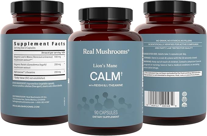 Real Mushrooms Lion’s Mane Calm Capsules (90 Count) – Organic Lions Mane Fruiting Body Extracts 200mg Organic Reishi 200mg AlphaWave L-Theanine for Calm Clarity &amp Relaxed Alertness 90ct