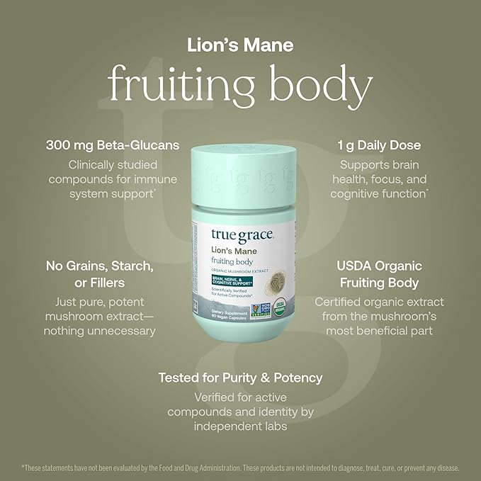 True Grace Mushroom Lion's Mane Brain Nerve &amp Cognitive Support - 60 Count Capsules - Organic