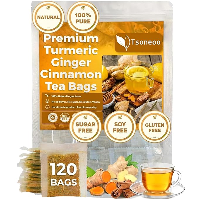 Premium Turmeric Ginger Cinnamon Tea Bags | 100% Natural Hand-made Blend ginger tea | Ginger Turmeric Herbal Tea | No Sugar No Caffeine No Gluten Vegan (120 Bags)