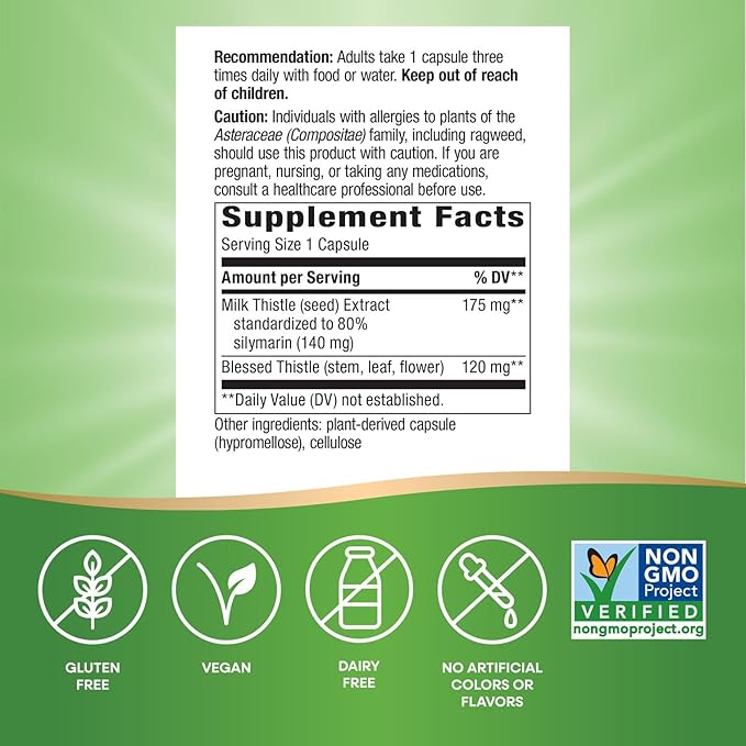 Nature's Way Milk Thistle Supports Liver Function &amp Detox Pathways* 175 mg Milk Thistle Seed Extract Standardized to 80% Silymarin per Serving Vegan 120 Capsules (Packaging May Vary)