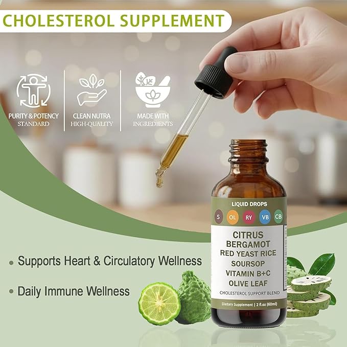 Red Yeast Rice Drops - Cholesterol Support Blend with Citrus Bergamot Red Yeast Rice Soursop Olive Leaf &amp Vitamin B+C Natural Non-GMO Vegan Dietary Supplement 2 fl oz