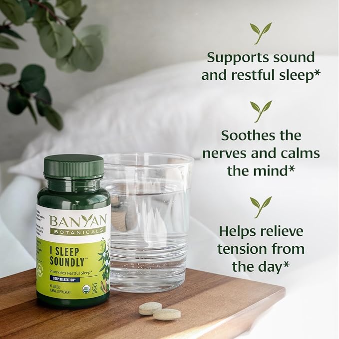 Banyan Botanicals I Sleep Soundly–Organic Deep Sleep Supplement –Natural Melatonin-Free Sleep Aid for Relaxation &amp Nighttime Tension–with AshwagandhaValerian &amp Chamomile-90 Tablets-USDA Organ