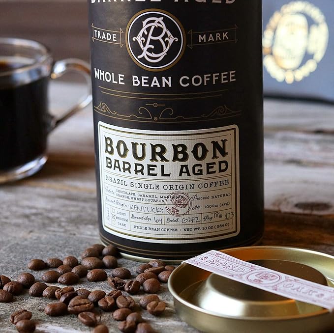 Oak &amp Bond Coffee Co. Bourbon Barrel Aged Coffee Brazil Single Origin Whole Bean Medium Roast - Chocolate Caramel Mandarin Orange Sweet Bourbon Flavors - 10oz