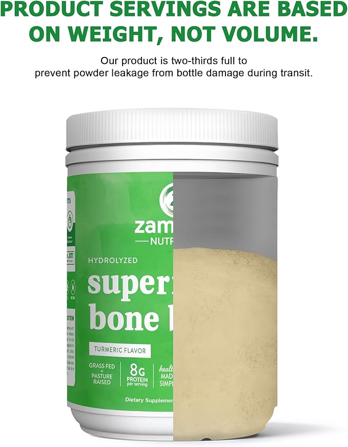 Zammex Bone Broth Plus Superfood Protein Powder (Turmeric Flavor) 8g Hydrolyzed Protein with Vitamin D for Healthy Skin Nails Hair Joints &amp DigestionNon-GMO (30 Servings)