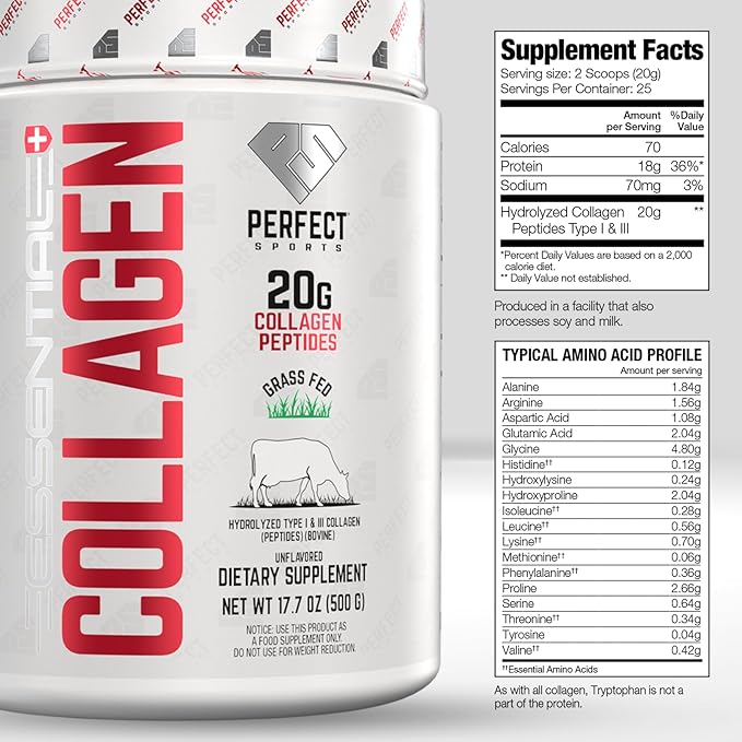 PERFECT SPORTS Hydrolyzed Collagen Peptides | Pasture-Raised Grass-Fed Types I &amp III | 10g Collagen | All Natural Non GMO Gluten Free | 25 Servings (Unflavored)