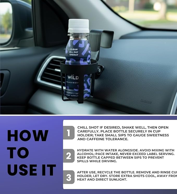 6x Energy Shot Blackberry 2.5 fl oz Bundle with Cup Holder – Plant-Based Energy Drink with L-Theanine &amp Organic Caffeine for Smooth Focus and On-the-Go Convenience — Gift Set (7 Items)