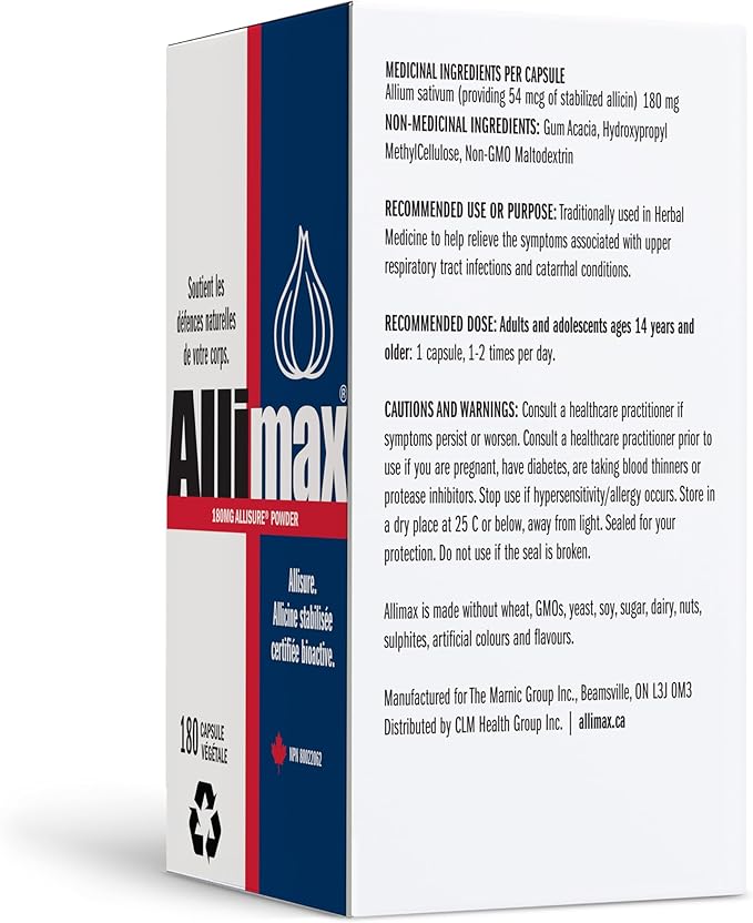 Allimax 180mg 180 Capsules. Supports Your Body’s Immune Function Through Natural Allicin a Potent Organosulphur Compound Extracted from Clean and Sustainable Spanish Grown Garlic.