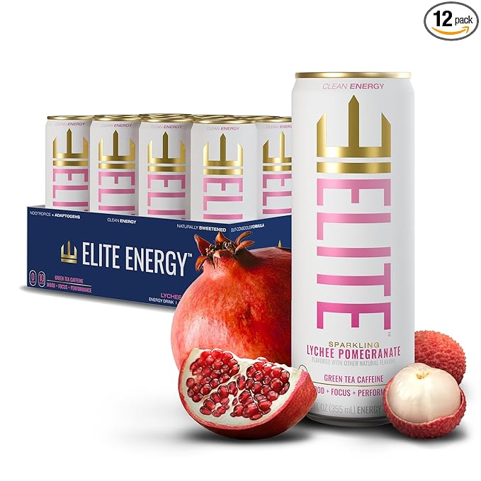 ELITE Energy – Sugar Free Energy Drinks – Clean Green Tea Caffeine with L-Theanine – Zero Sugar 10 Calories Naturally Sweetened Functional Energy – Focus &amp Performance – 12 Pack – Lychee Pomegra