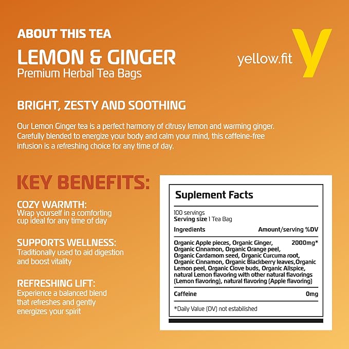 Yellow.fit Ginger Lemon Herbal Tea Bags – 1500mg Loose Leaf Tea Bags Caffeine-Free Herbal Tea with Ginger Root &amp Lemon Peel Plant-Based Tea Bags 100 Count