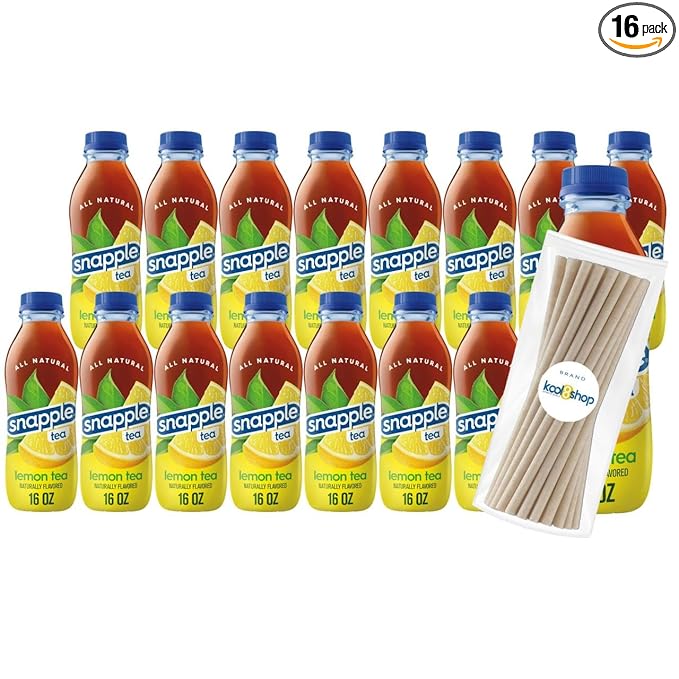 Snapple Lemon Tea All Natural Fruit Juice 16 fl oz Plastic Bottles 16 Pack + 15 Sugarcane Disposable Straws by KOOL8SHOP Infinite Deals
