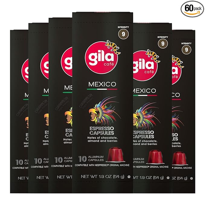 GILA Café Mexico Aluminum Coffee Capsules – Dark Roast Espresso Pods Compatible with Nespresso Original Machines – 100% Mexican Arabica Coffee Chocolate &amp Nut Flavor Notes 60 Count