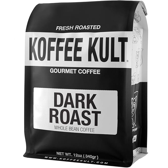 Koffee Kult Dark Roast Coffee Beans - Rich &amp Bold with Chocolate &amp Cinnamon Notes Smooth Finish 100% Arabica Ethically Sourced Resealable 12oz package