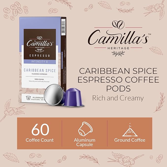Camilla’s Heritage - Intensity 8 Caribbean Spice Flavored Espresso Coffee Gourmet Espresso Cups 60 Coffee Pods