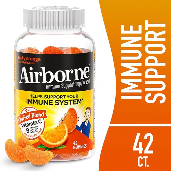 Airborne 750mg Vitamin C Gummies for Adults Immune Support Supplement with Powerful Antioxidants Vitamins C &amp E - 42 Gummies Zesty Orange Flavor (2 Pack)