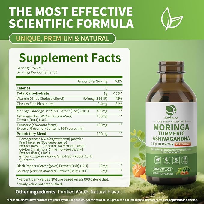 12-in-1 Organic Moringa Drops with Ashwagandha Turmeric Quercetin Lipsomal 98% Absorption &amp 30:1 Extract for Energy Immune Joint Digestive Metabolism Vegan Non-GMO More Potency Than Moringa Pow