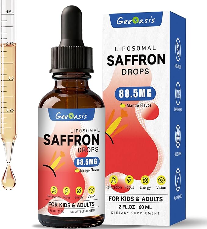 Organic Saffron Extract Liquid Drops 88.5mg Liposomal Saffron Supplements for Kids &amp Adults with Holy Basil Rosemary Turmeric L-Theanine Focus Stress &amp Energy Support Vegan 2 FL OZ