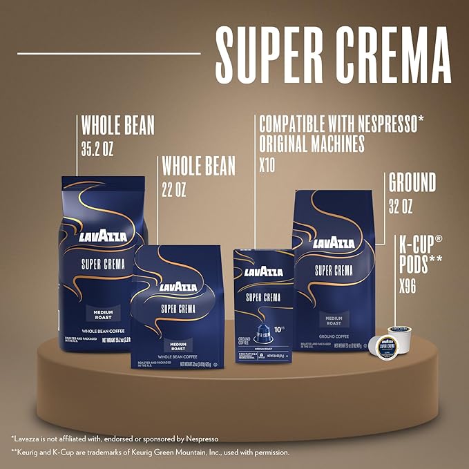 Lavazza Super Crema Whole Bean Coffee Medium Espresso Roast Arabica and Robusta Blend 2.2 lb Bag (Pack of 3)