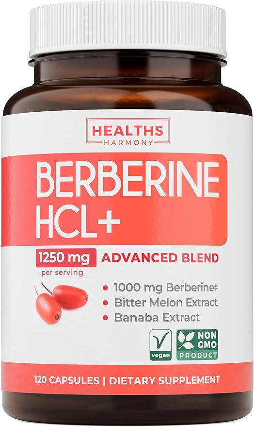 Berberine Supplement (Non-GMO &amp Vegetarian) Berberine HCL Plus Bitter Melon &amp Banaba Leaf Extract Capsules - Berberine 500mg Each 1000mg Per Serve - AMPK Metabolic Activator - 120 Caps (No Pi