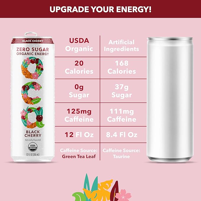 OCA ZERO Black Cherry Organic energy drink zero sugar gluten-free vegan plant-based 12 Fl Oz (12-pack)